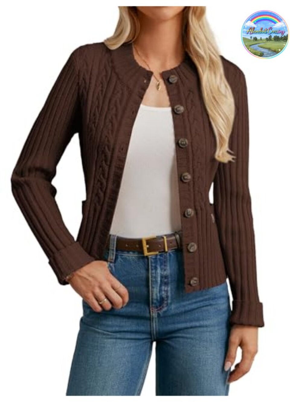 Women's Cable Knit Button Up Cropped Cardigan Chunky Sweater